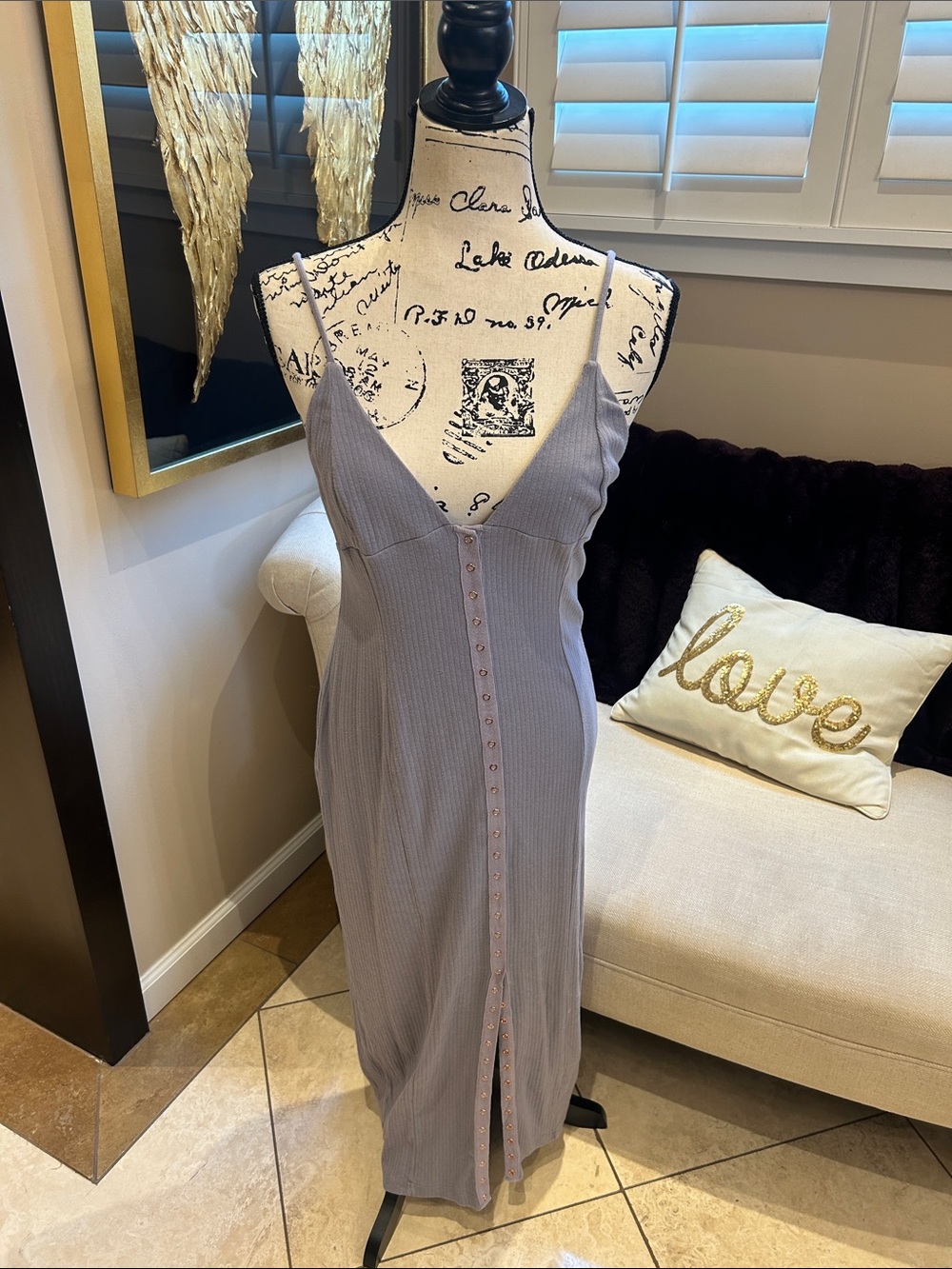 Free People Lavender-Gray Ribbed Button-Front Slip Dress